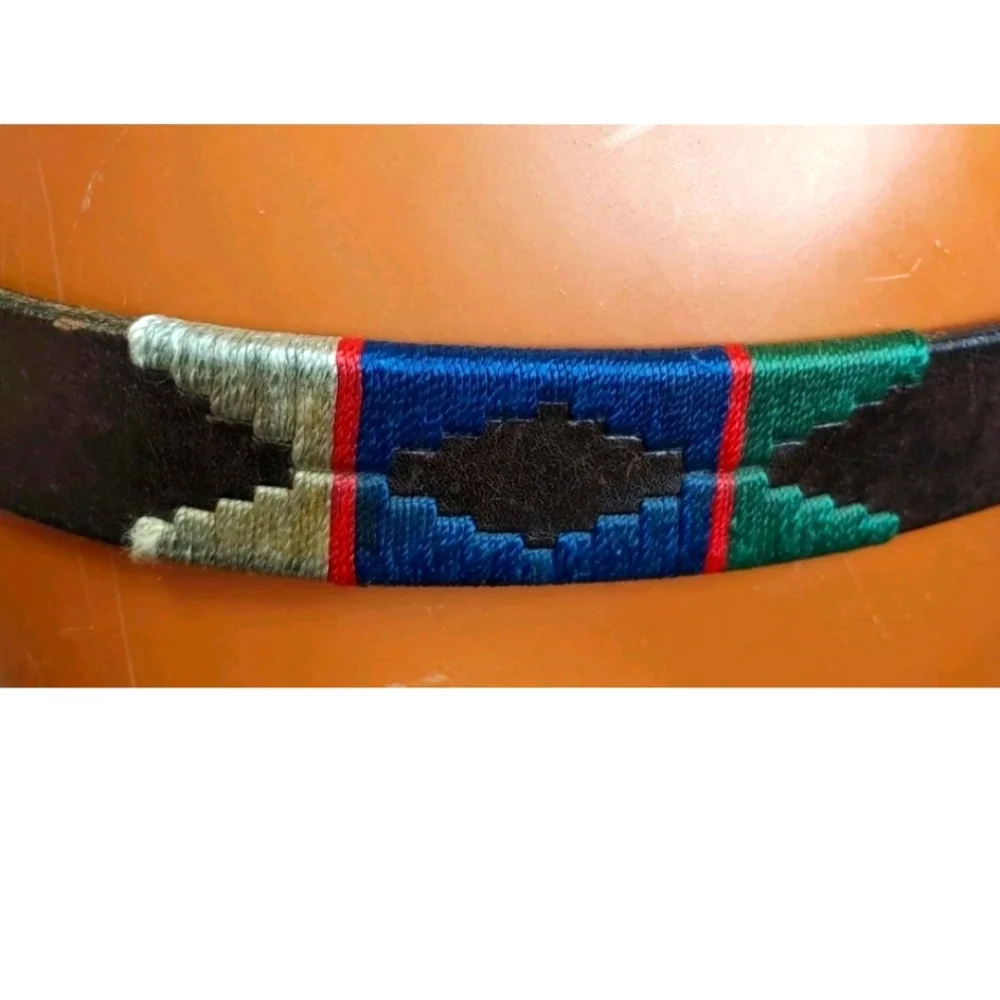 Vintage Southwestern Aztec Tribal Embroidered Brown Leather Belt Adult Sz 38